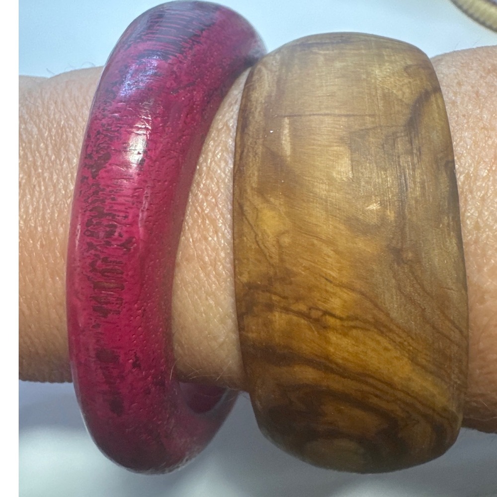 Vintage Chunky Wood Bangle Bracelet Set Natural Grain & Magenta‎ Pink Boho 2pc